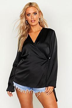 Boohoo Plus Matte Satin Tie Waist Peplum Hem Blouse