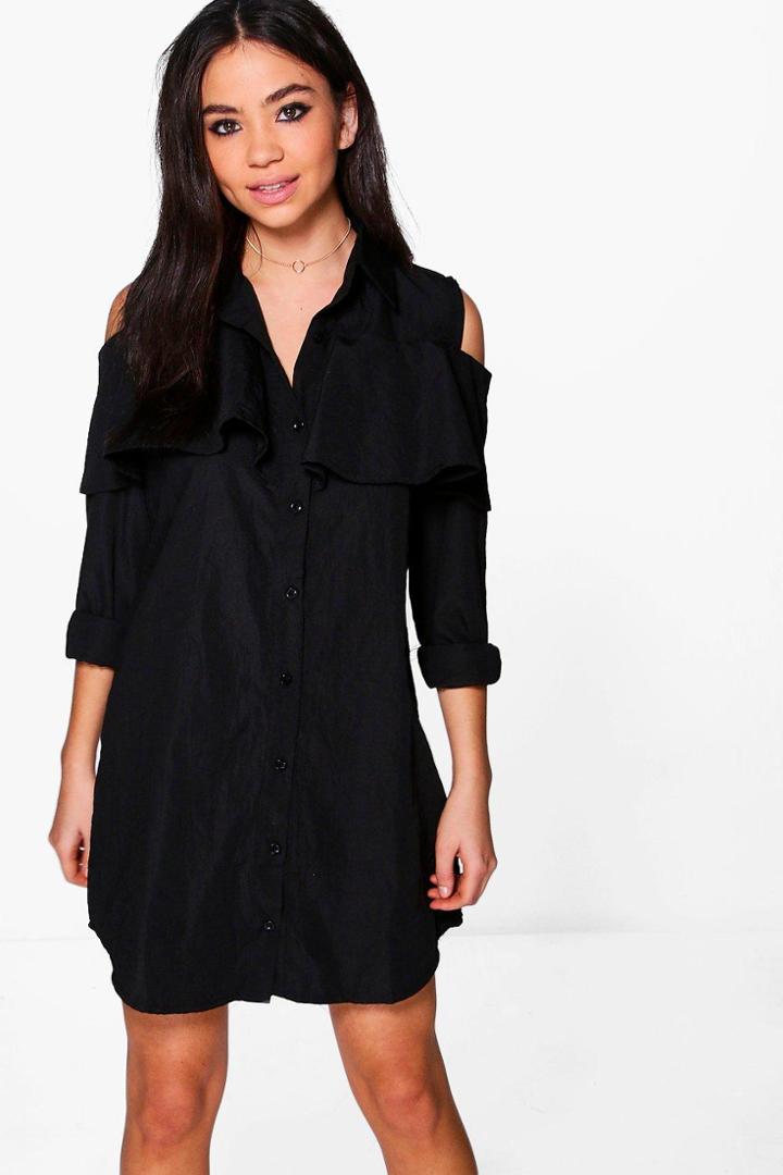Boohoo Ailbhe Ruffle Long Sleeve Shirt Dress Black