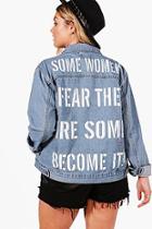 Boohoo Plus Rachel Slogan Back Oversize Denim Jacket
