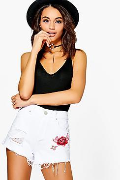 Boohoo Olivia Embroidery Denim Mom Shorts
