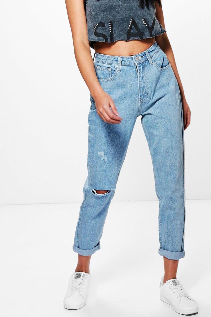 Boohoo Molly Light Wash Rip High Waist Mom Jeans Blue