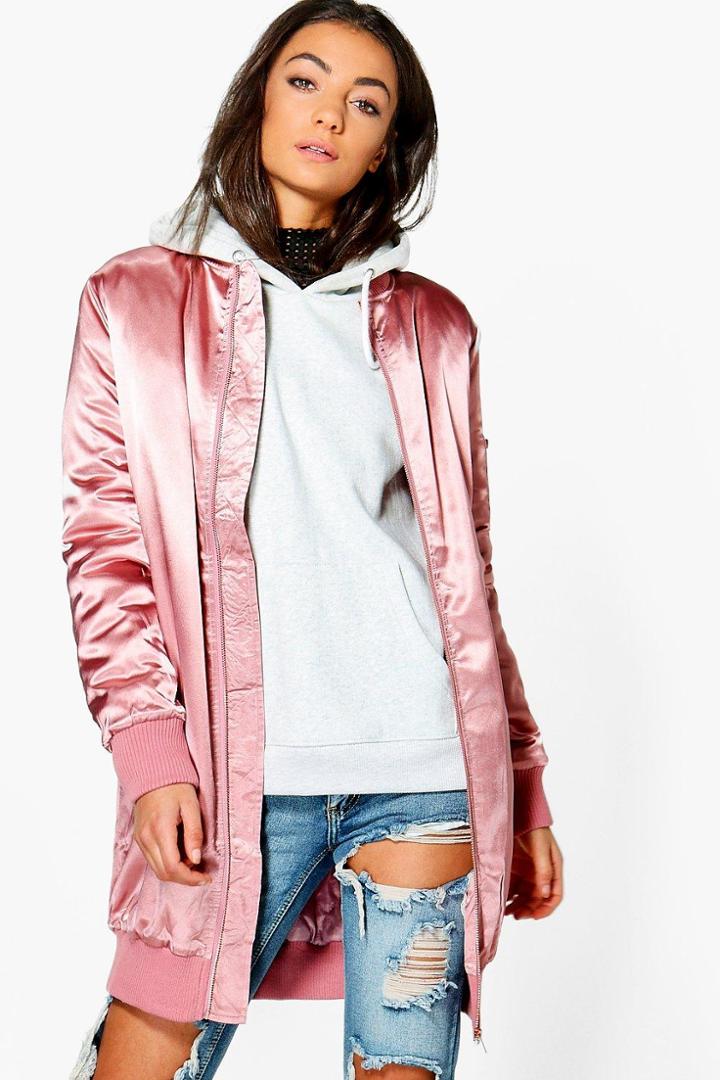 Boohoo Tall Savina Premium Satin Long Line Zip Bomber Pink