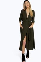 Boohoo Lorraine Long Sleeve Pocket Front Shirt Dress Khaki