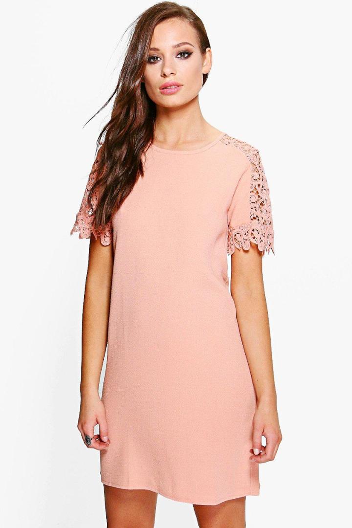 Boohoo Monica Lace Sleeve Shift Dress Peach