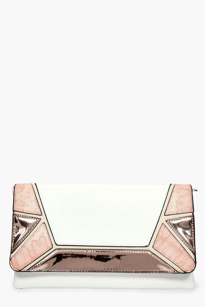 Boohoo Tia Colourblock Metallic Clutch Bag White