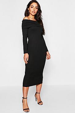 Boohoo Jumbo Rib Bardot Midi Dress