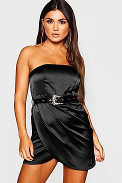 Boohoo Satin Belted Bandeau Mini Dress