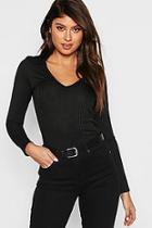 Boohoo Rib Collar V Neck Long Sleeve Top