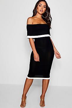 Boohoo Sophie Contrast Off The Shoulder Midi Dress