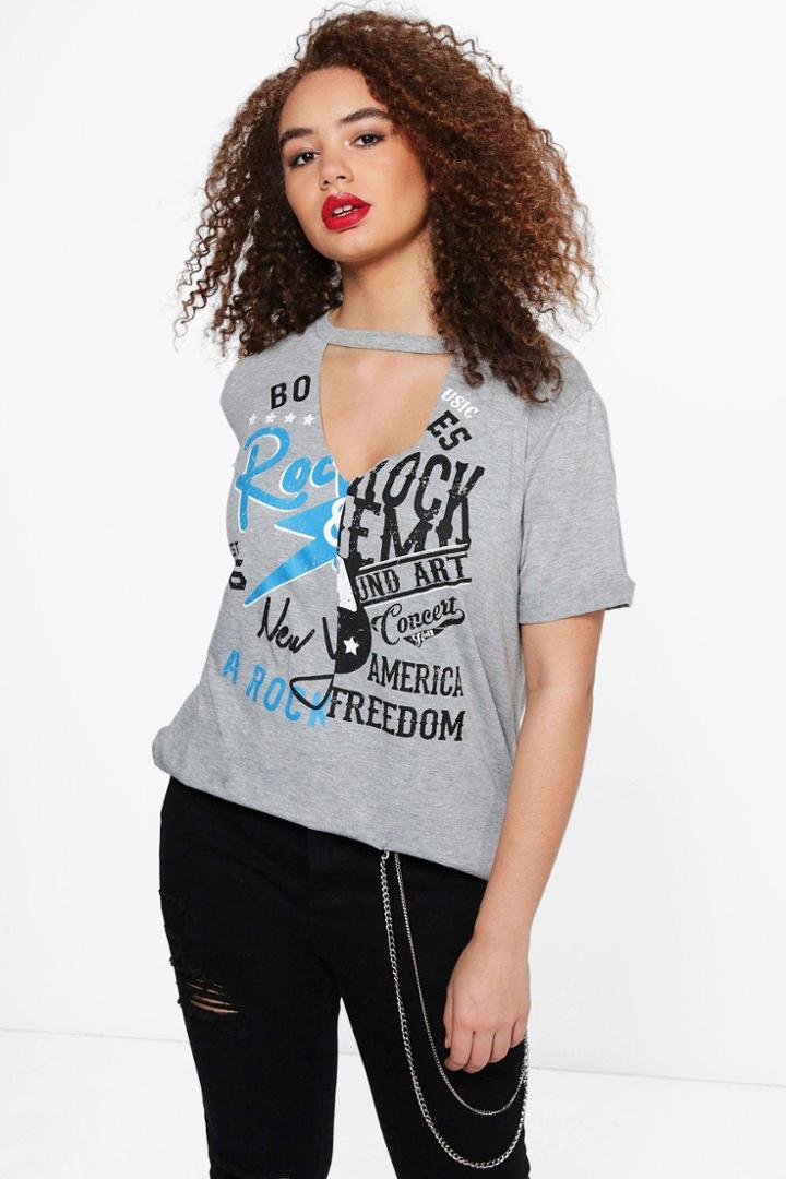 Boohoo Plus Alison Sliced Printed Choker Top Grey