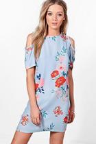 Boohoo Katie Oriental Floral Cold Shoulder Shift Dress
