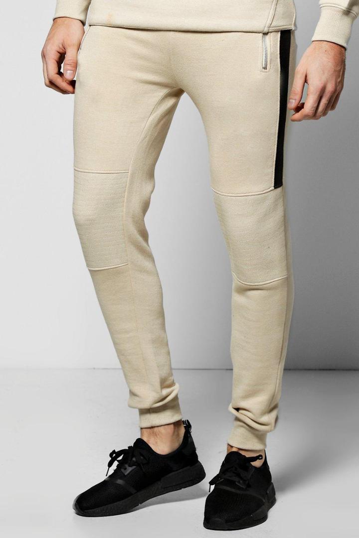 Boohoo Skinny Fit Biker Rib Joggers With Zip Pockets Stone