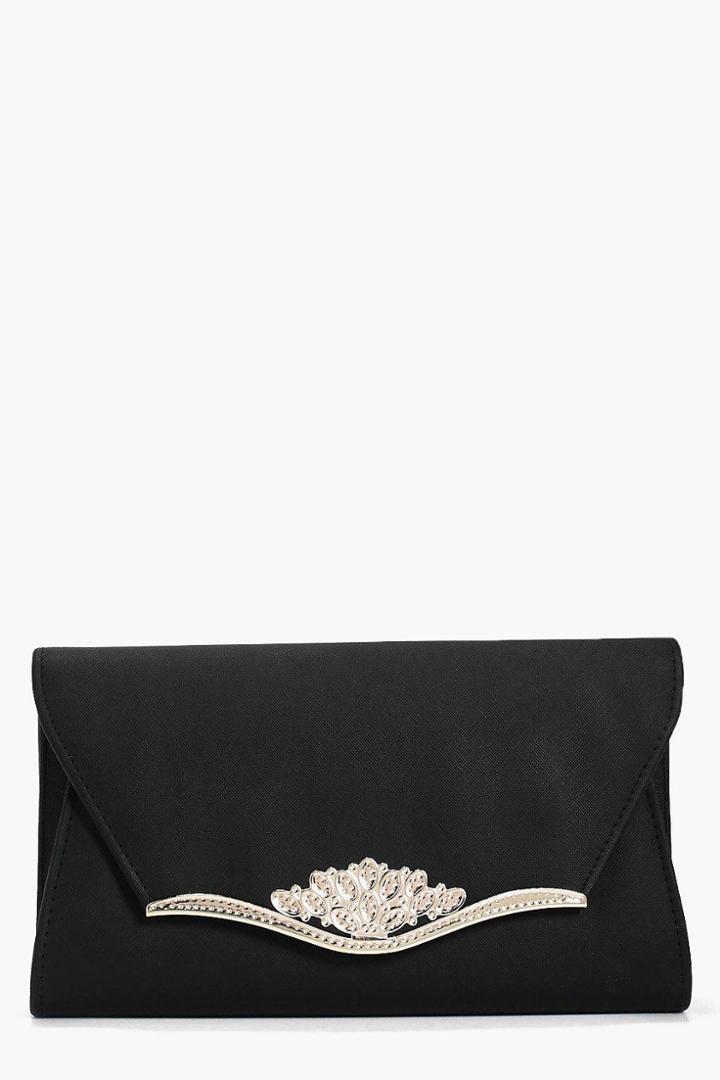 Boohoo Macey Metal Filigree Trim Clutch Bag Black