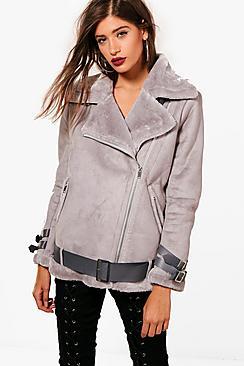 Boohoo Aimee Boutique Faux Fur Trim Aviator With Belt