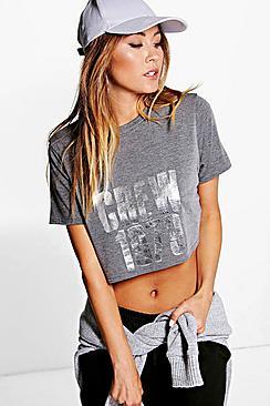 Boohoo Maisy Foil Print Slogan Crop