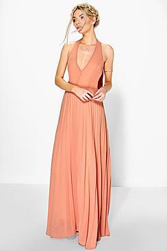 Boohoo Sidra Chiffon Pleated Plunge Maxi Dress