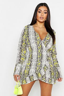 Boohoo Plus Snake Ruffle Wrap Dress