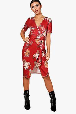 Boohoo Petite Amy Plunge Wrap Floral Midi Dress