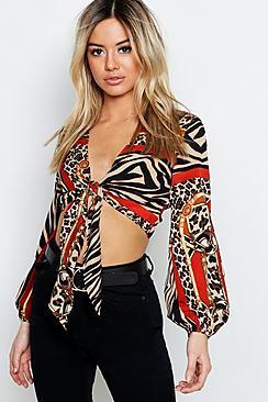 Boohoo Petite Animal Print Tie Front Crop Top