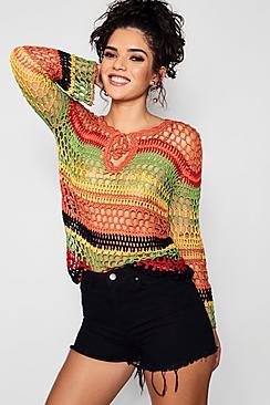 Boohoo Eve Multi Coloured Striped Crochet Jumper