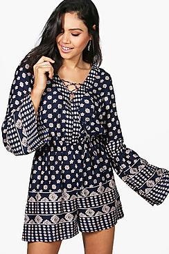 Boohoo Alex Flare Sleeve Border Print Playsuit
