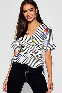 Boohoo Stripe Floral Wrap Front Peplum Blouse