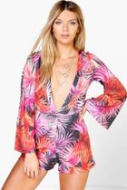 Boohoo Fergie Flare Sleeve Palm Print Playsuit Black