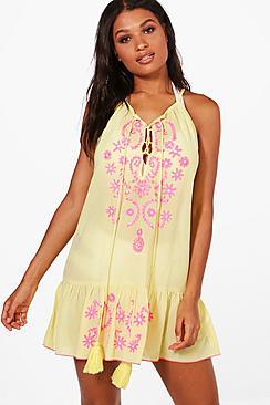 Boohoo Nina Boutique Neon Embroidered Beach Dress