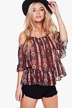 Boohoo Maria Mixed Print Cold Shoulder Top