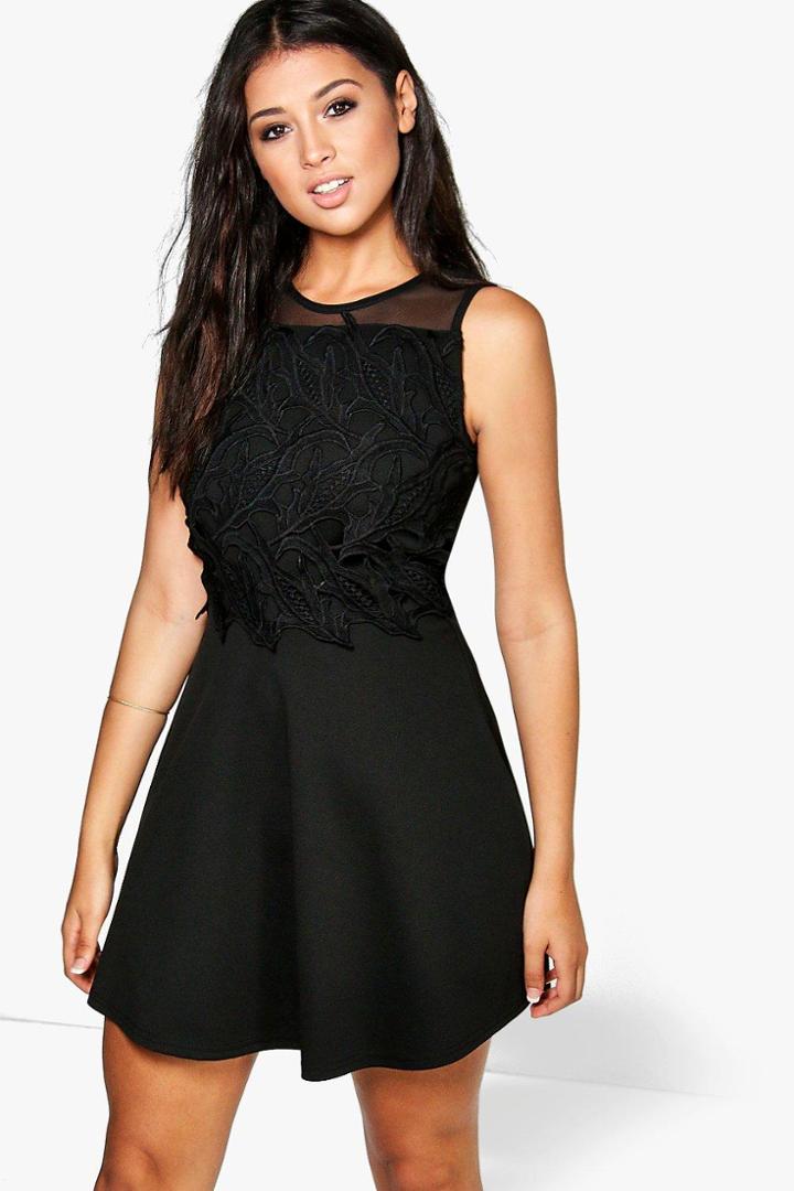 Boohoo Ceri Crochet Detail Skater Dress Black