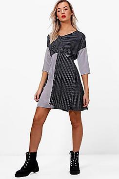 Boohoo Mika Stripe And Spot Woven Skater Dress