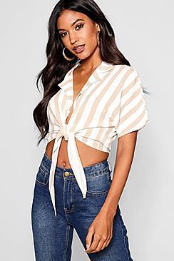 Boohoo Stripe Tie Detail Cropped Blouse