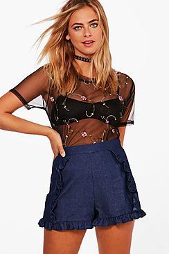 Boohoo Raine Ruffle Lightweight Denim Shorts