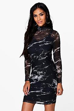 Boohoo Tess High Neck Marble Mesh Bodycon Dress