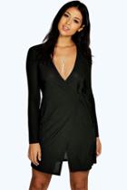 Boohoo Cindy Ribbed Wrap Bodycon Dress Black