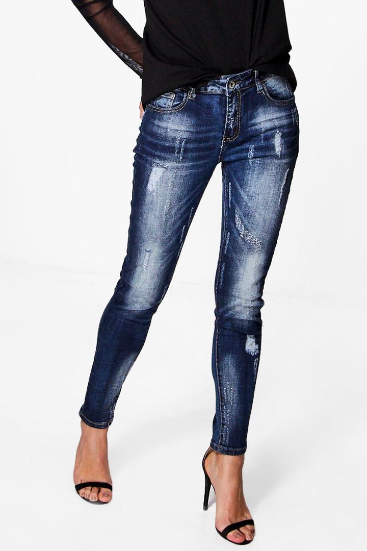 Boohoo Emily Distressed Skinny Jeans Indigo