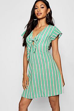 Boohoo Knot Front Striped Tea Dress
