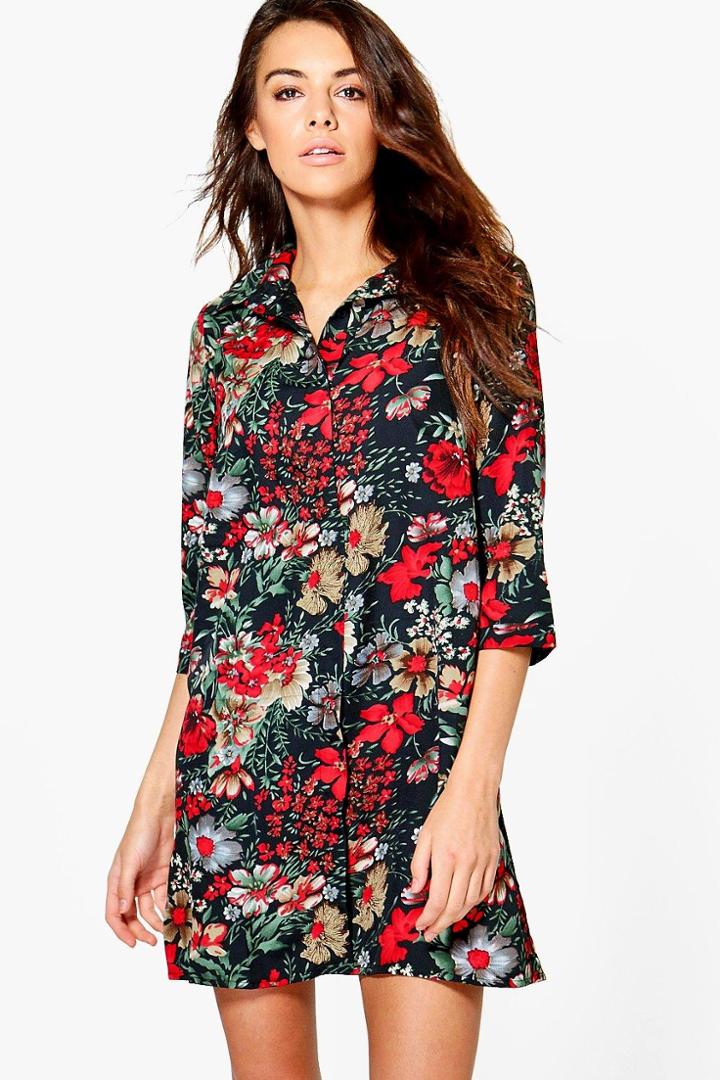 Boohoo Sophie Printed Long Sleeve Shirt Dress Black
