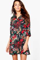 Boohoo Sophie Printed Long Sleeve Shirt Dress Black