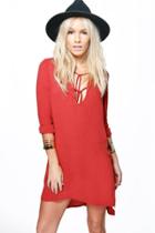 Boohoo Petite Jane Lace Up Detail Woven Smock Dress Rust