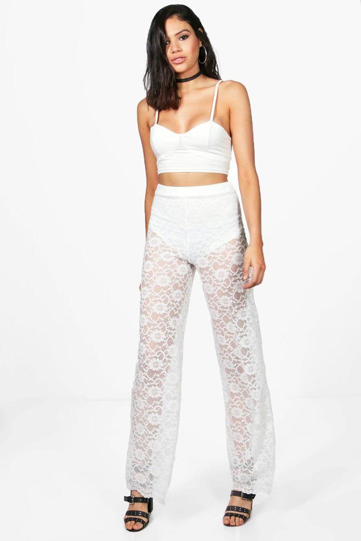 Boohoo Camilla Lace Scallop Hem Wide Leg Trouser Ivory