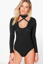 Boohoo Harper Wrap Choker Neck Long Sleeve Rib Body Black