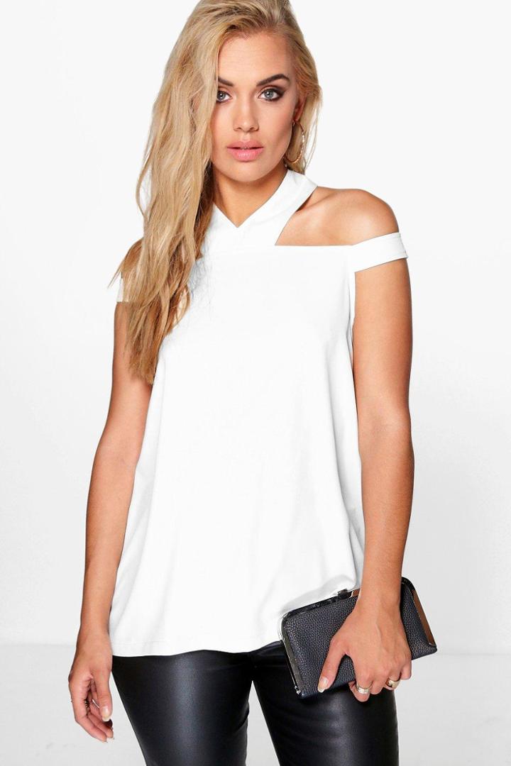 Boohoo Plus Zoe Open Shoulder Halter Neck Woven Top Cream