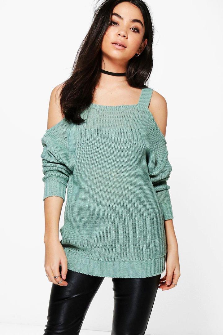 Boohoo Anna Strap Cold Shoulder Jumper Sage