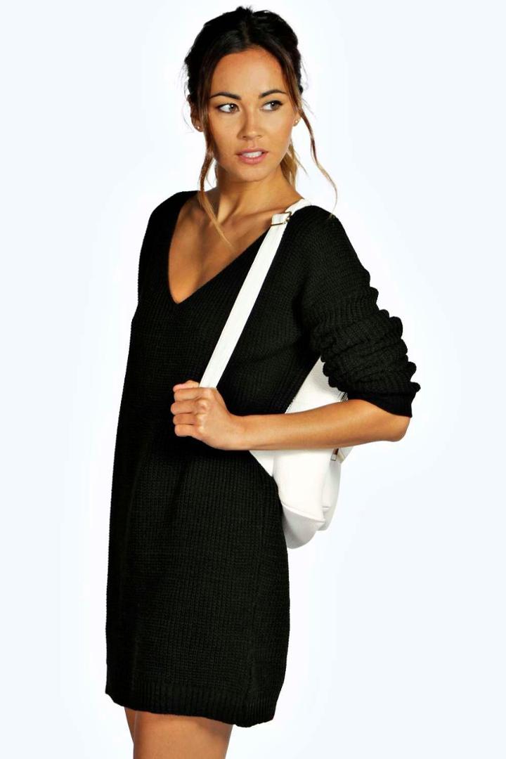 Boohoo Bella V Neck Jumper Mini Dress Black