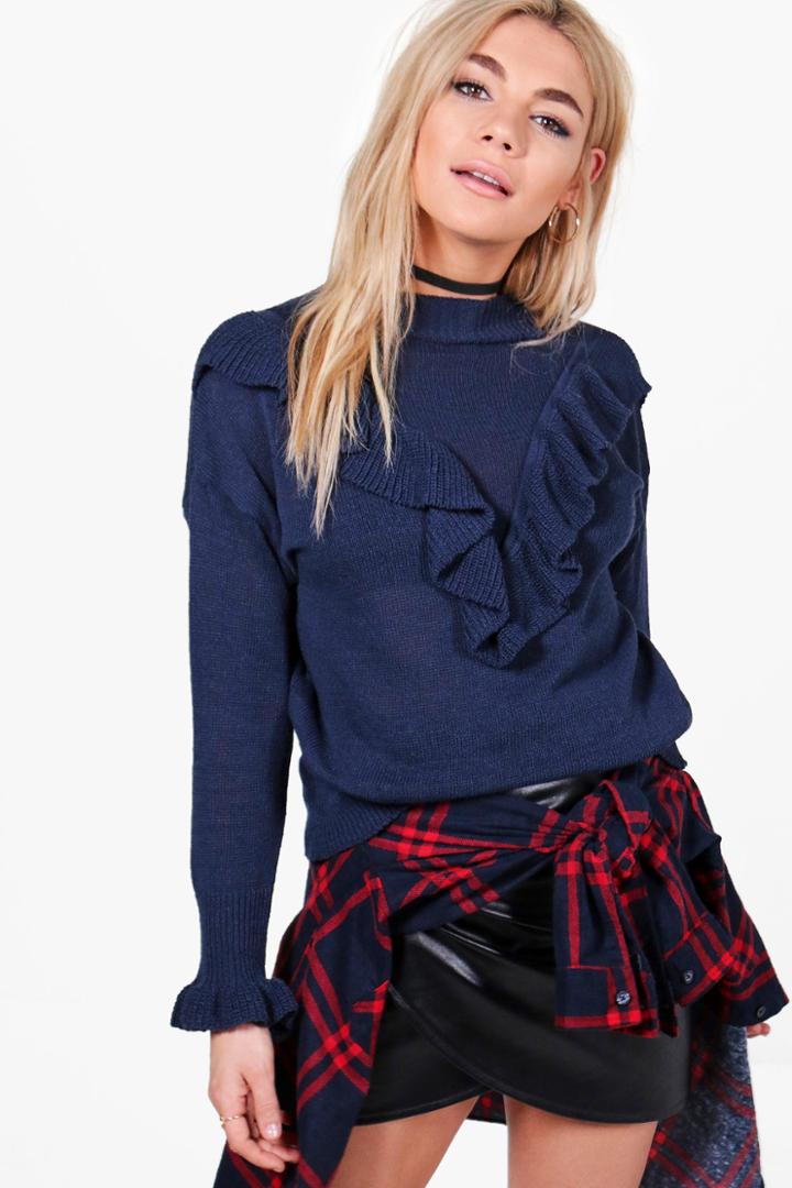 Boohoo Sophia Ruffle Detail Jumper Navy