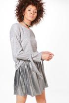 Boohoo Karina Tie Cuff Fine Knit Jumper Grey