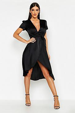 Boohoo Satin Cap Sleeve Wrap Midi Dress