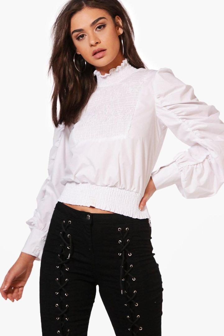 Boohoo Freya Shirred High Neck Woven Blouse White