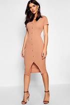 Boohoo Horn Button Cap Sleeve Ribbed Midi Dress